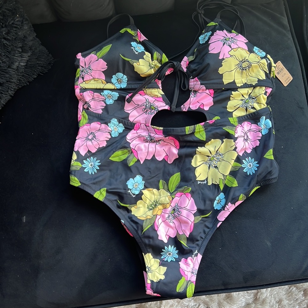 NWT one-piece black floral design cutout swimsuit from Victoria’s Secret Pink